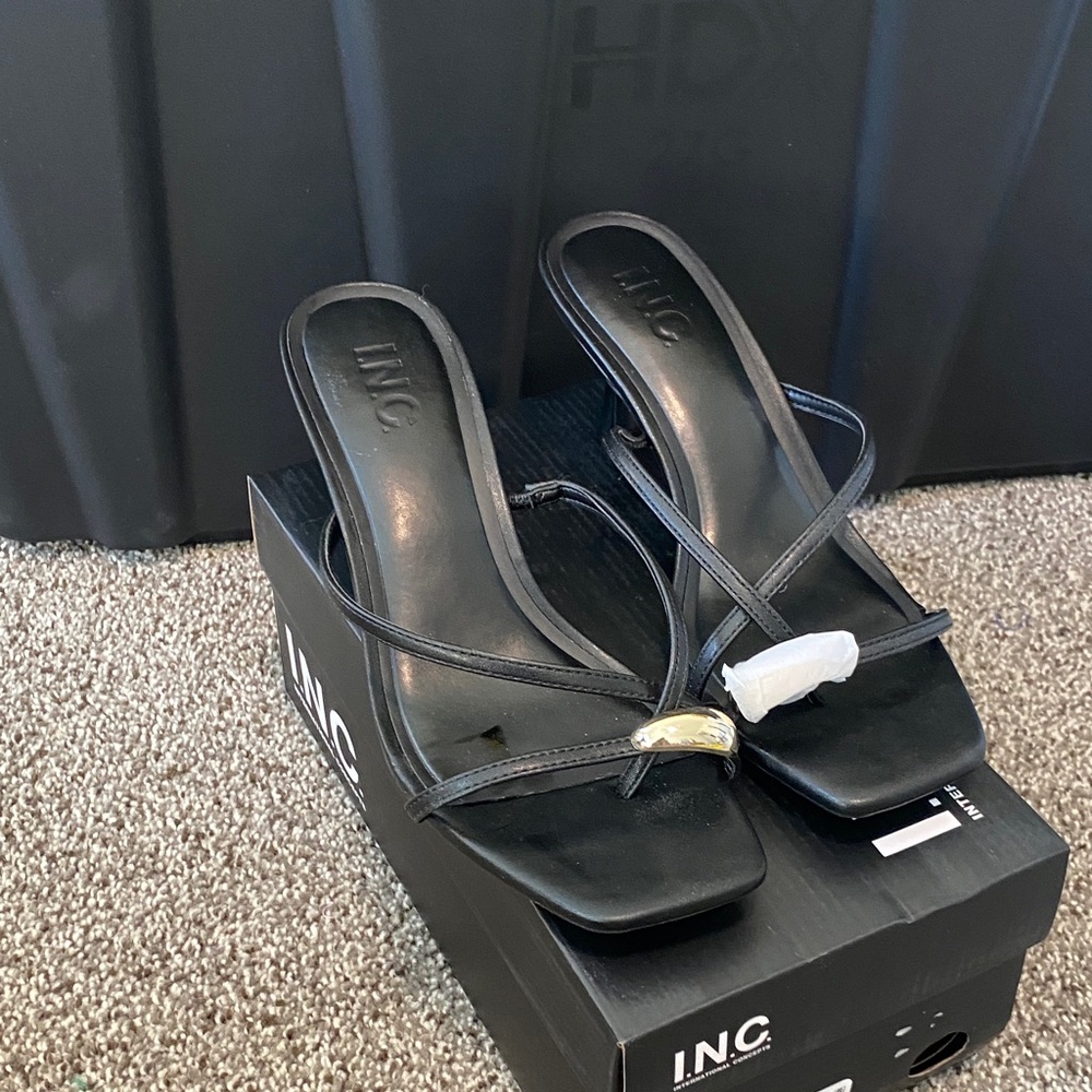 INC International Concepts Black Strappy Square-Toe Heeled Sandals